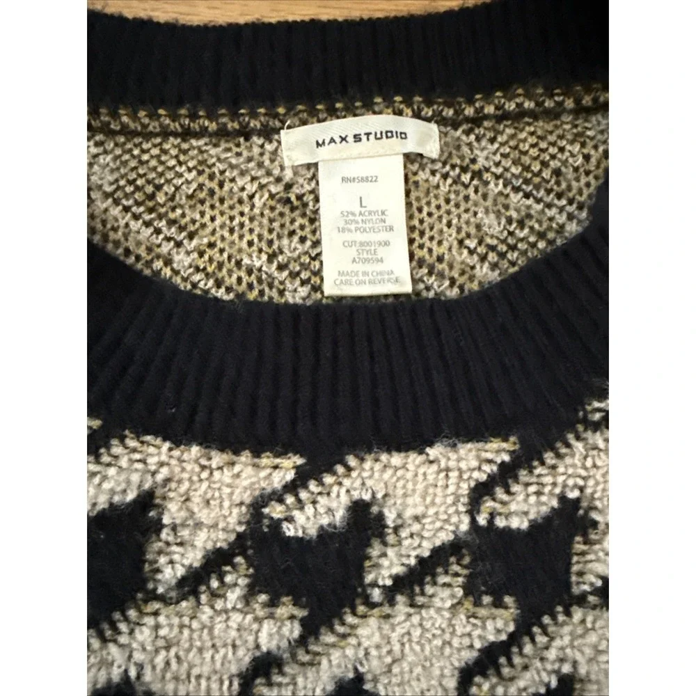 Max Studio Houndstooth Sweater Black Beige Cropped Pullover Knit Long Sleeve top